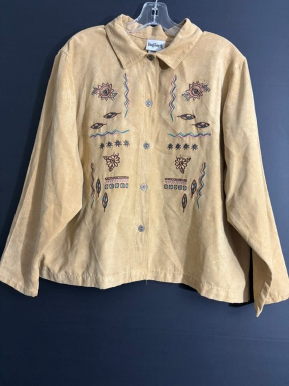 Vintage BonWorth 2 Pc Set Womens XLP Faux Suede Embroidered Jacket Pants Tan